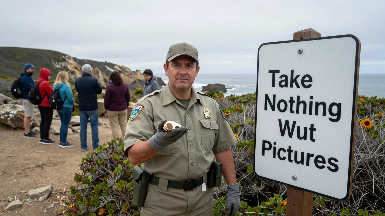 A park ranger beside a no-collection sign at a protected coastal area.