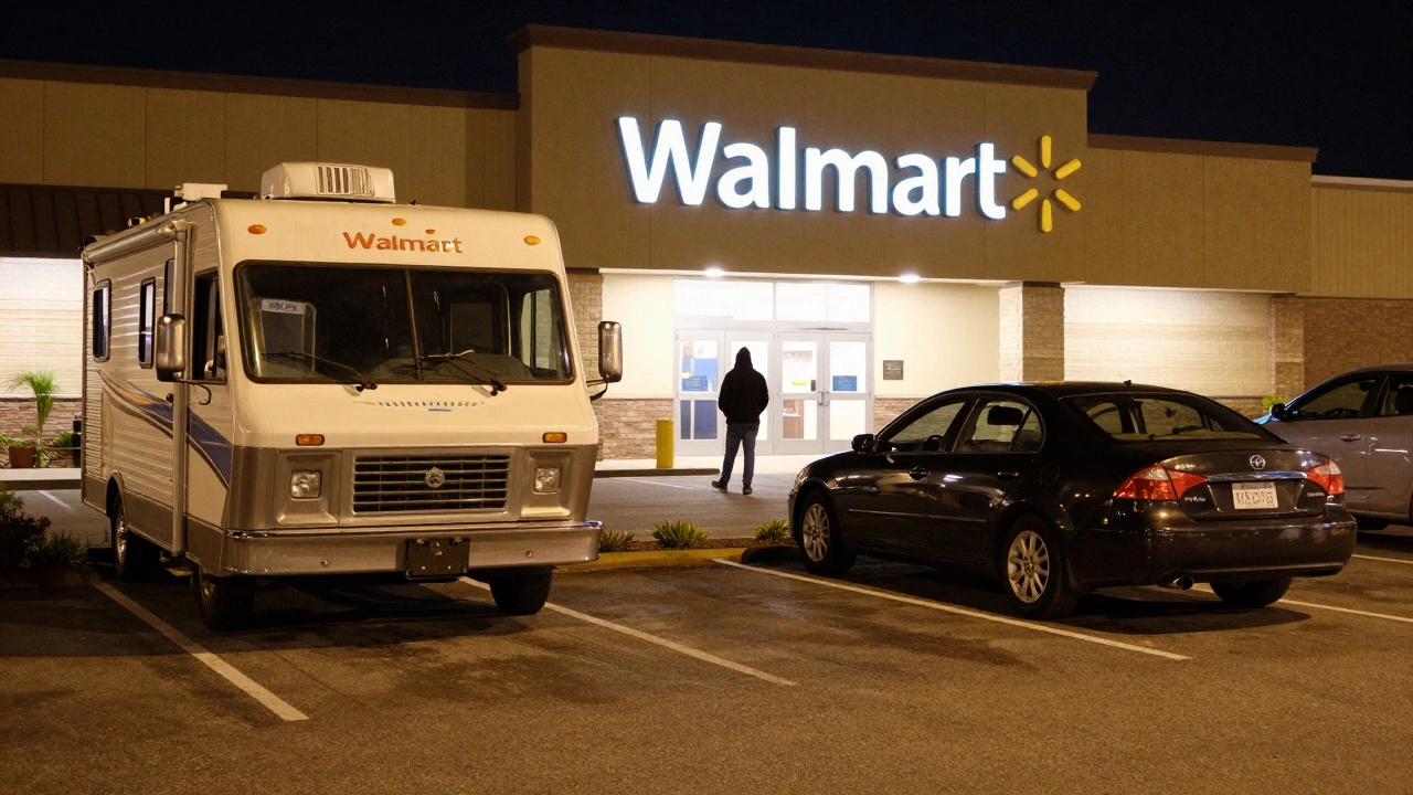 A quiet Walmart parking lot at night with vehicles parked under soft lights, no camping gear visible, sense of safe rest.