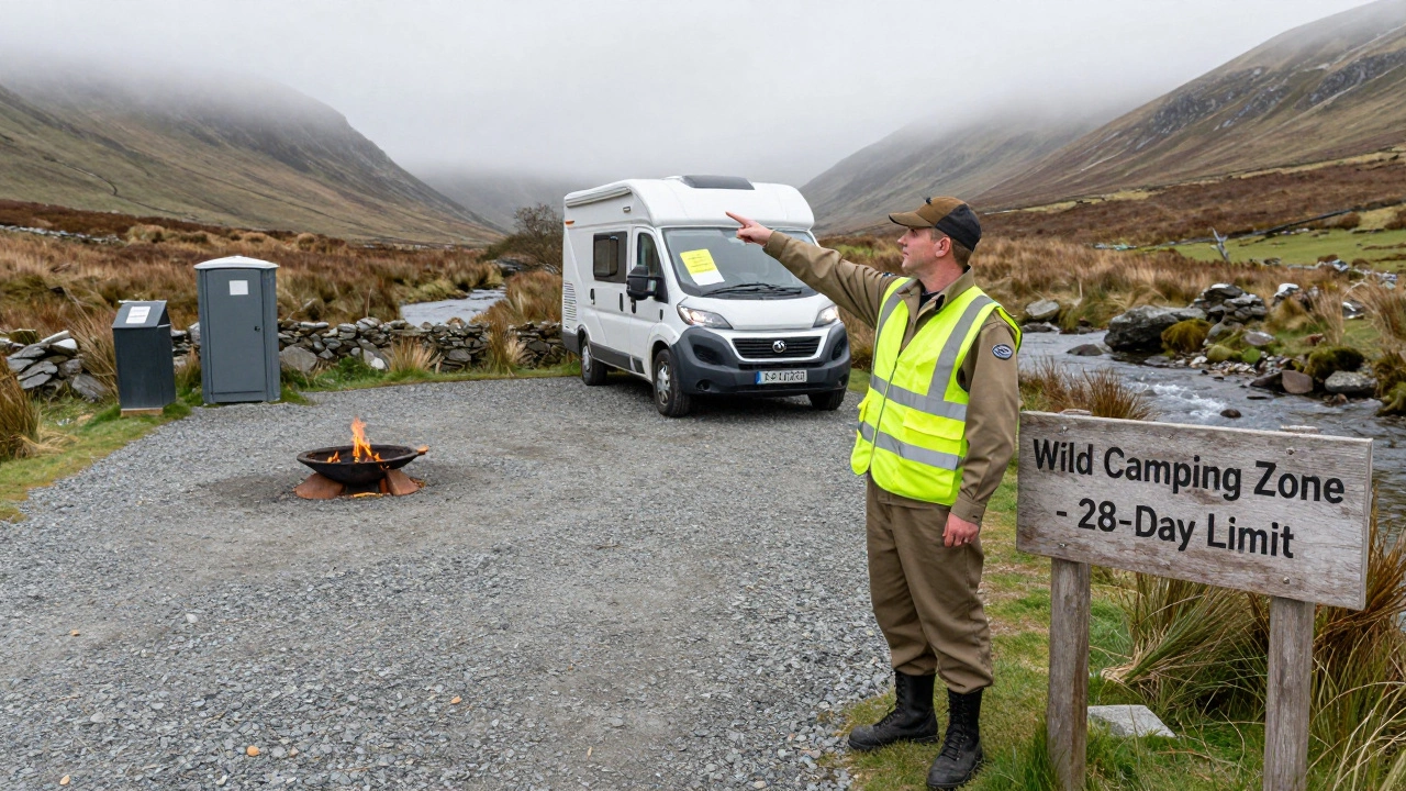 A ranger points to a legal camping zone while an illegal motorhome is warned near a protected stream.