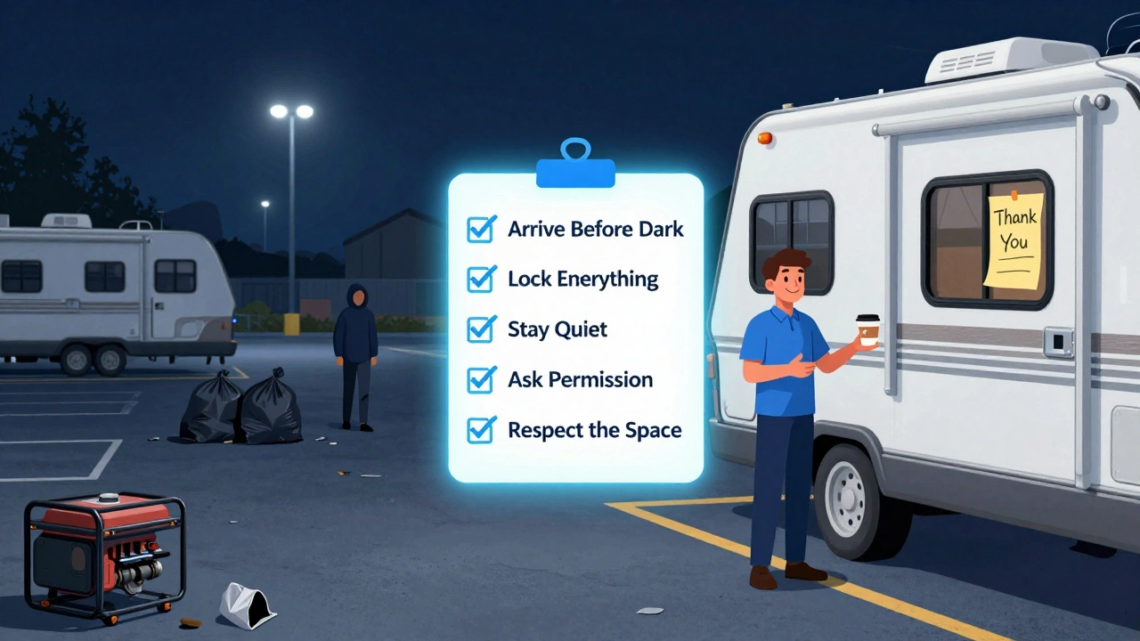 A split-image comparison: chaotic, unsafe parking on one side; respectful, safe camping on the other, with a checklist between them.