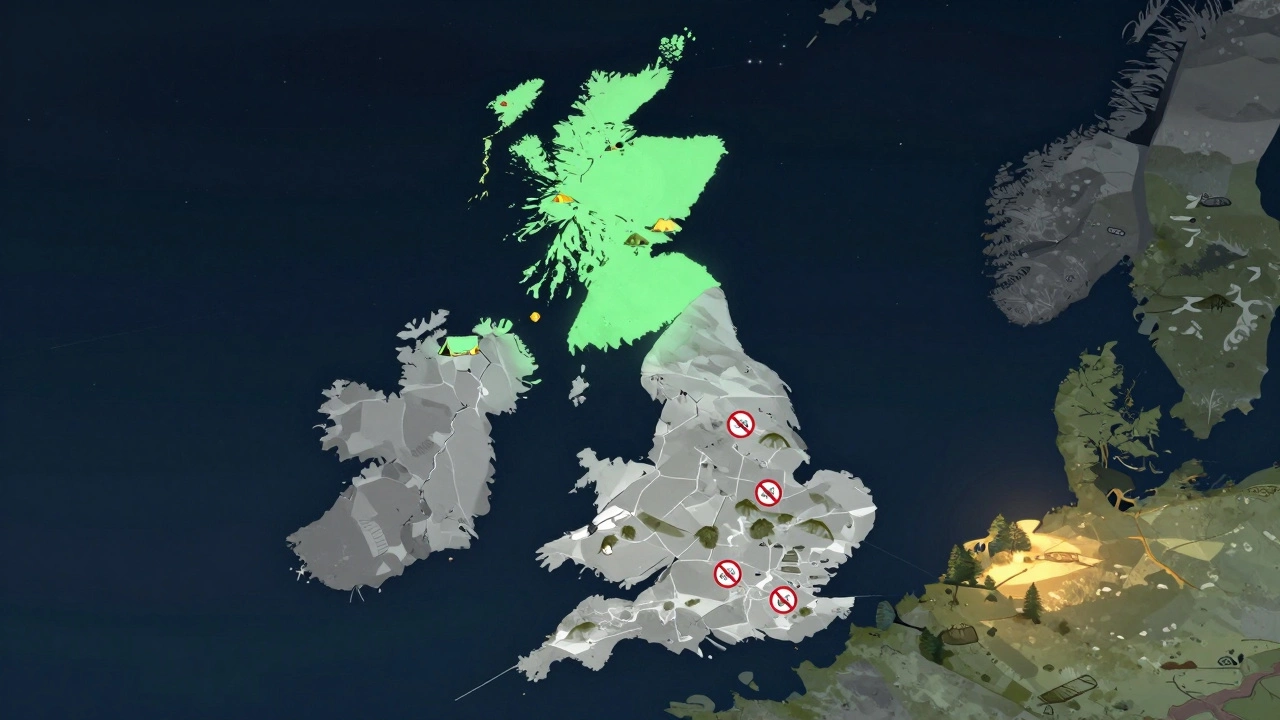 A symbolic UK map shows Scotland and Dartmoor as legal camping zones under starry skies.