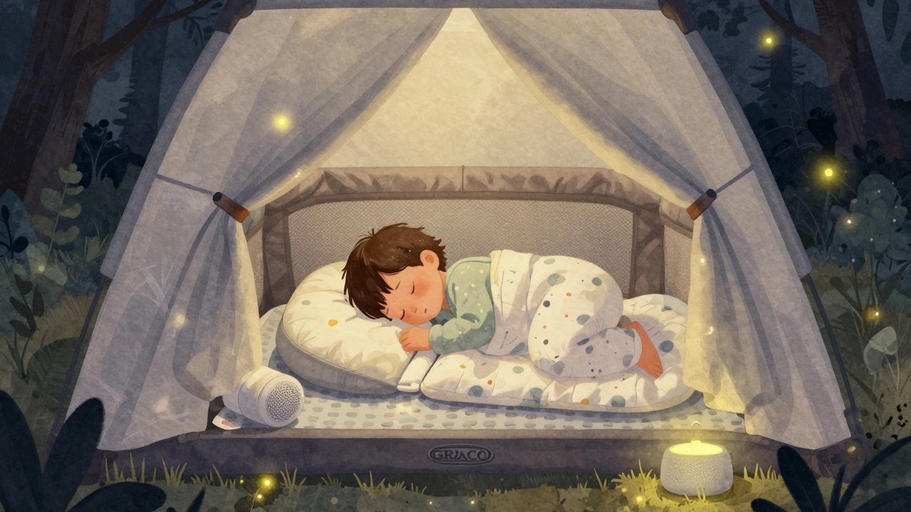 A toddler sleeps safely in a portable play yard inside a tent, lit by a soft nightlight with a lullaby speaker nearby.