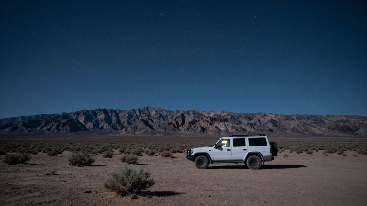 A vehicle parked on BLM land under a starry desert sky, no equipment outside, surrounded by natural landscape.