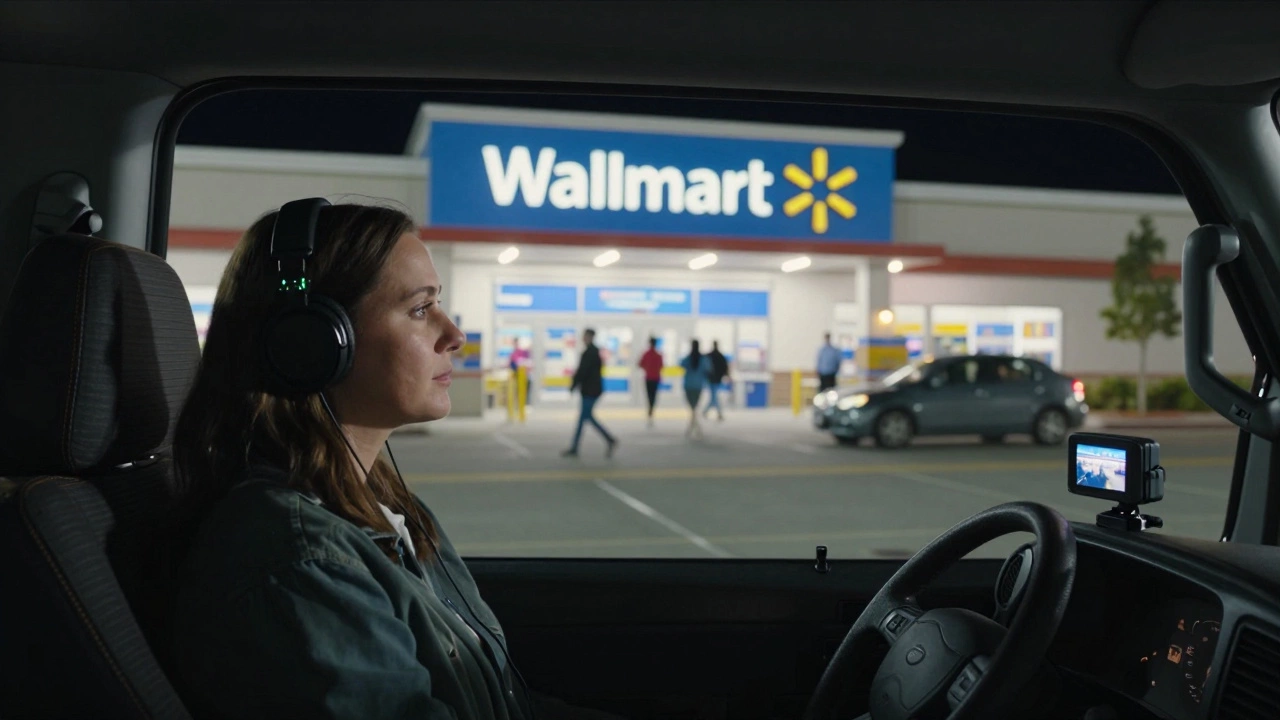 A woman sits safely inside her van at night, watching the well-lit Walmart entrance with foot traffic and motion-sensor lights activating nearby.