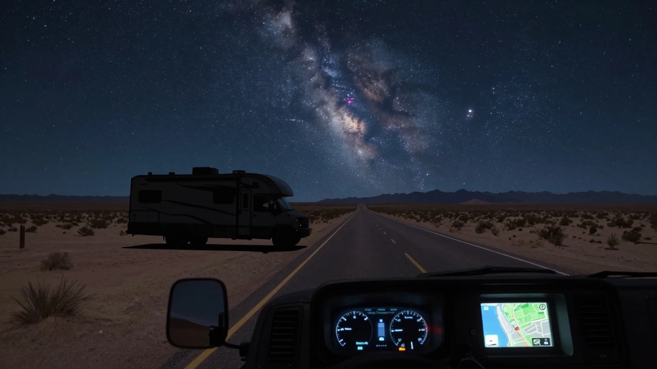 An RV under a starry desert sky on BLM land, with a glowing map app on the dashboard, no nearby roads or cities.