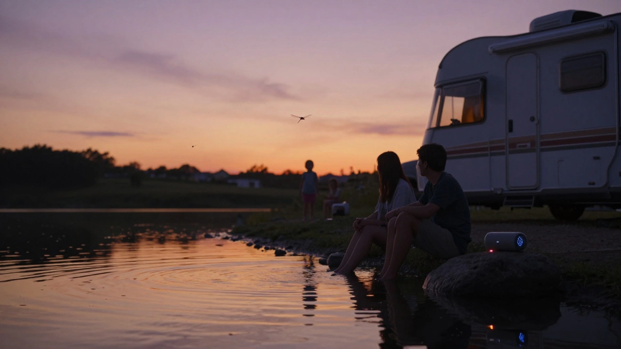 Campers sitting by a lake at sunset, feet in water, dragonflies flying, warm sky reflecting on still water.