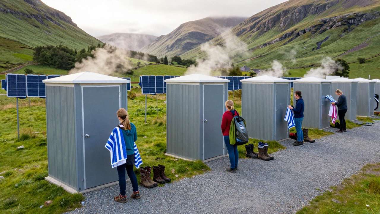 Campsite with heated shower blocks and solar showers in the Lake District under golden hour light.