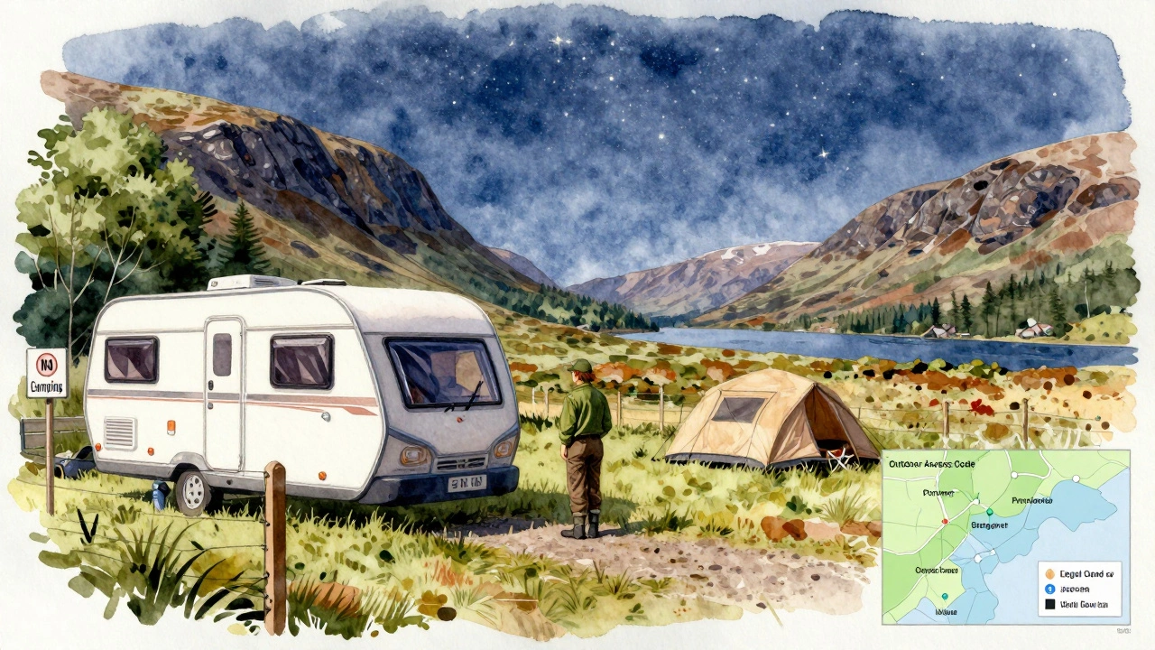 Contrast: fined camper in England vs. peaceful camper in Scotland under stars.