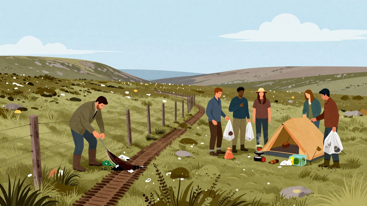 Contrasting scenes: a farmer repairing damage vs. campers practicing Leave No Trace on Dartmoor.