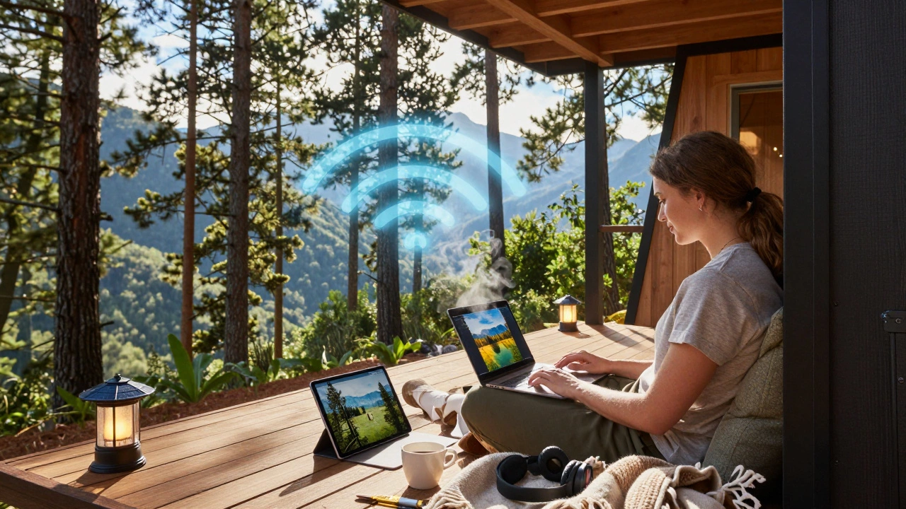 Digital nomad working on laptop from sunny eco-lodge deck surrounded by pines, with solar lanterns and coffee cup nearby.