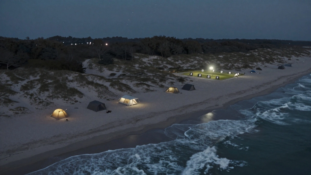 Drone view of illegal beach tents near dunes at night, with a designated camping area in the distance.