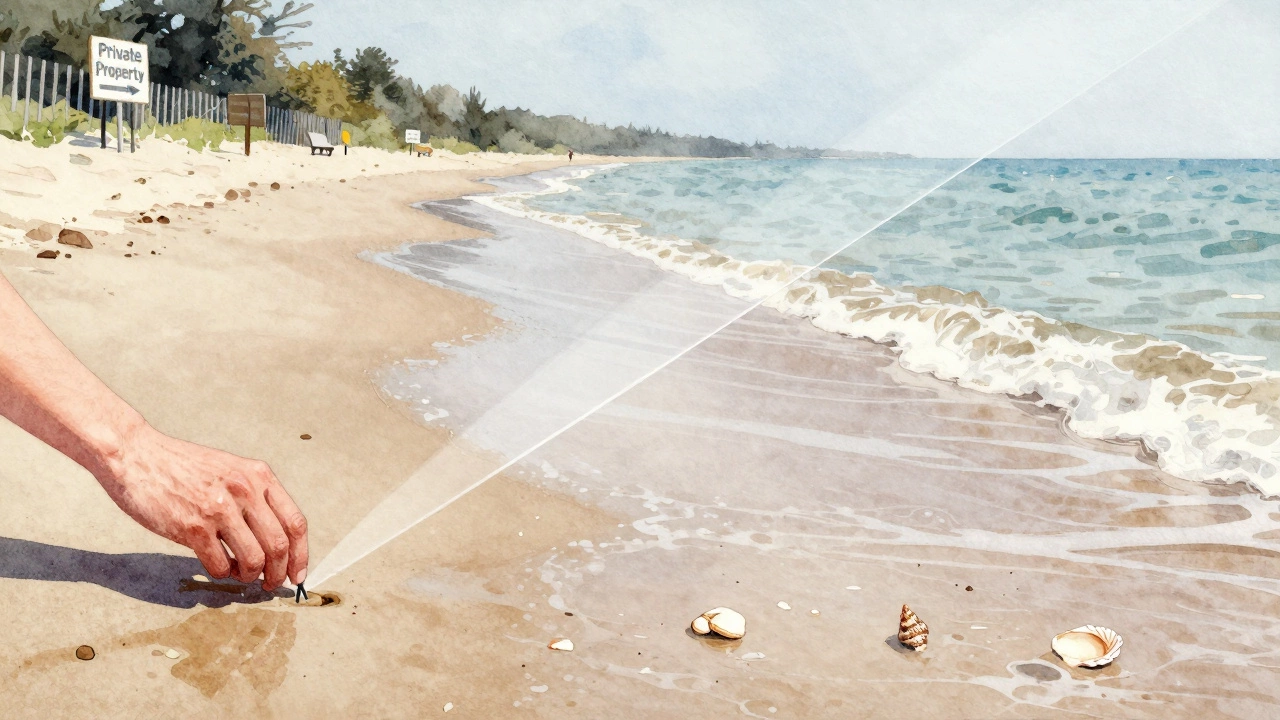 Hands planting tent pegs on wet sand as a legal boundary line splits the scene between public and private land.