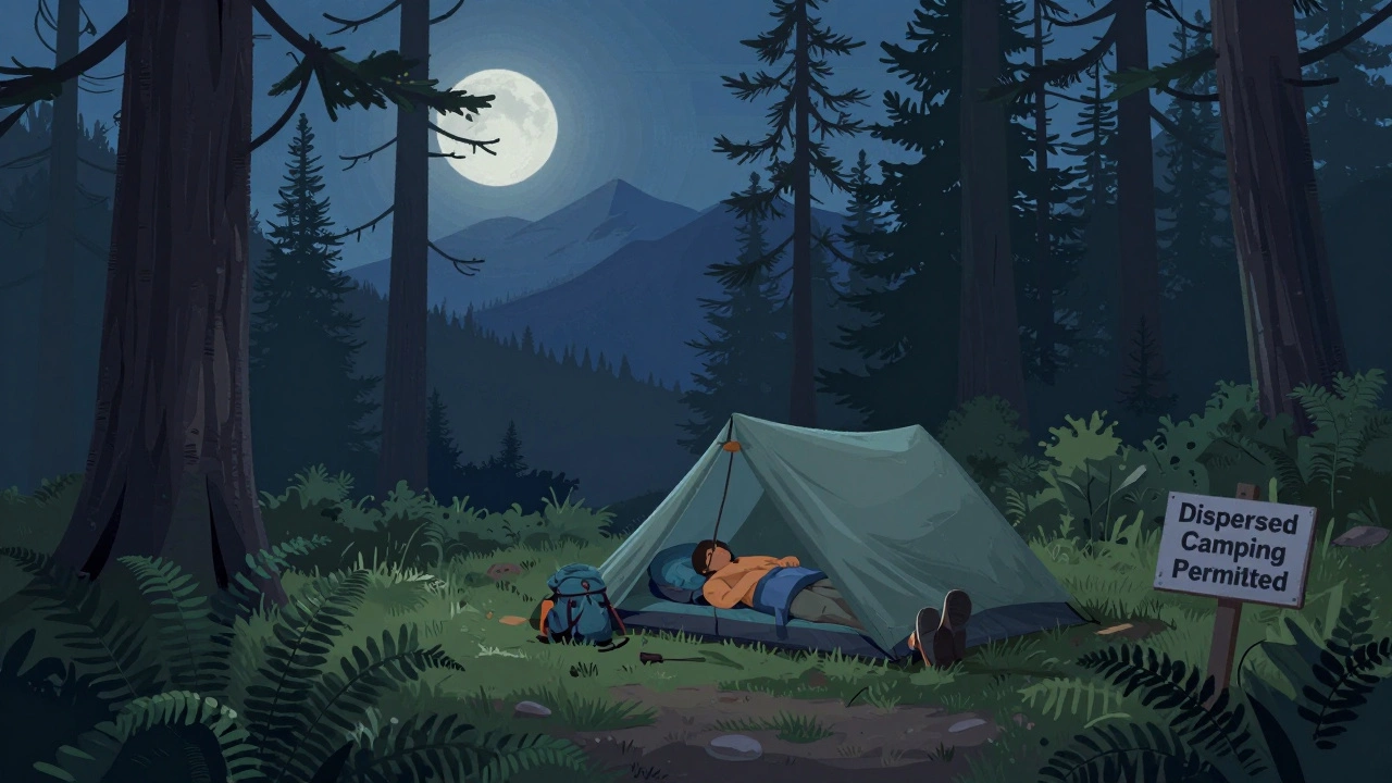 Hiker sleeping under tarp in US National Forest under moonlit pines.