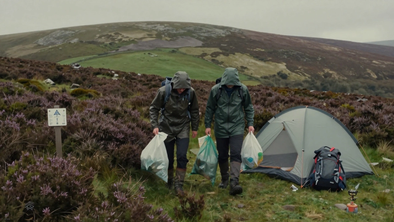 Hikers carry out all trash from a remote hillside campsite, avoiding fragile heather and nesting areas.