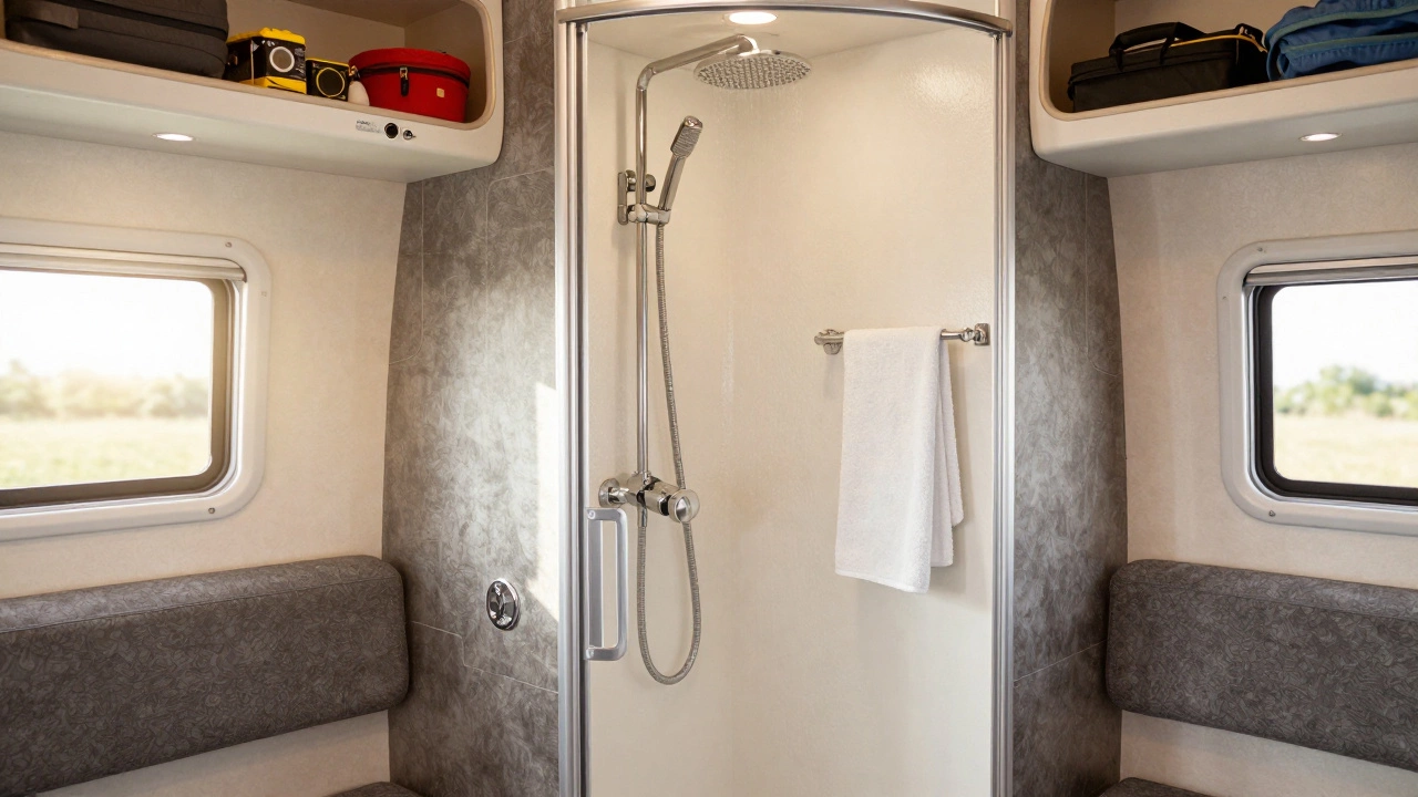 Interior of a motorhome wet room with compact shower, hot water system, and drying towel.