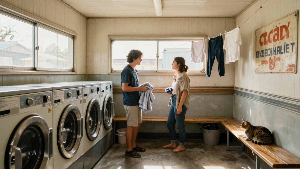 People chatting in a caravan park laundry room beside industrial washing machines and drying clothes.