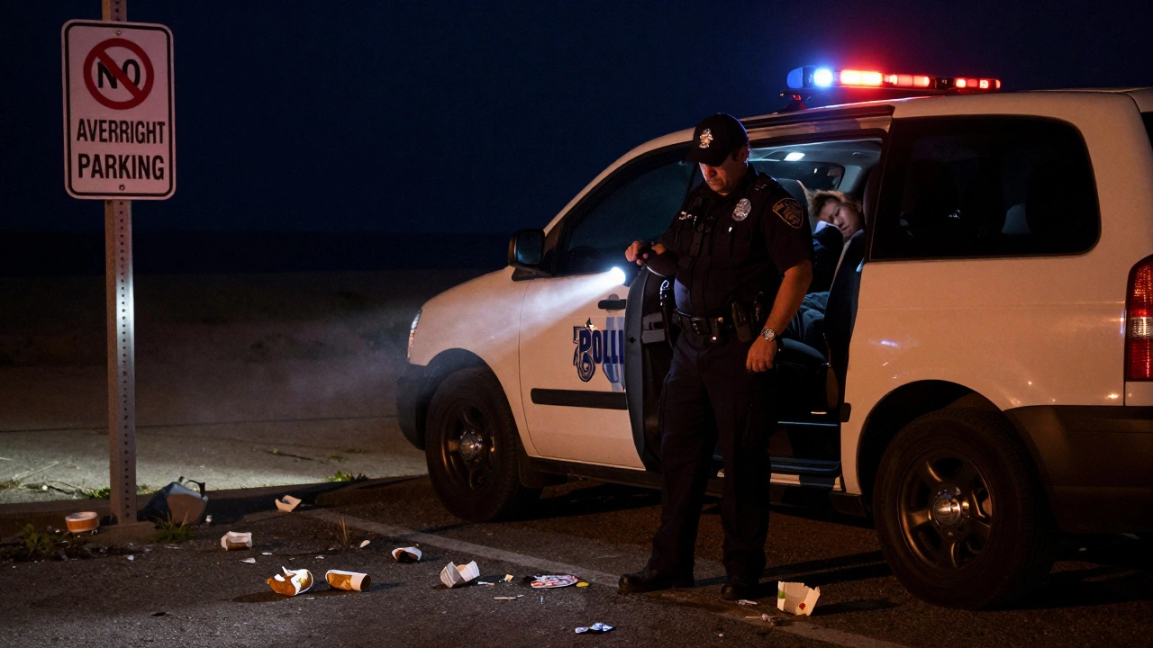 Police officer confronting a vehicle parked illegally near the boardwalk at night with &#039;No Overnight Parking&#039; signs.