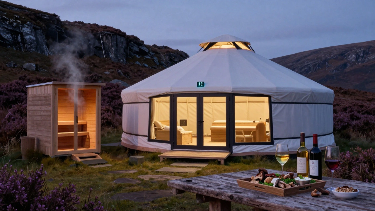 Scottish Highlands yurt at twilight with private sauna steaming and gourmet dinner tray on wooden table under starlight.