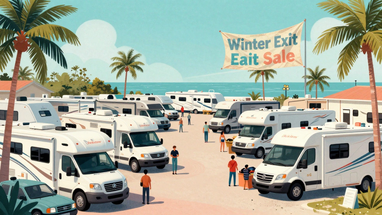Spring RV market in Tampa with multiple motorhomes under palm trees and snowbirds preparing to leave.