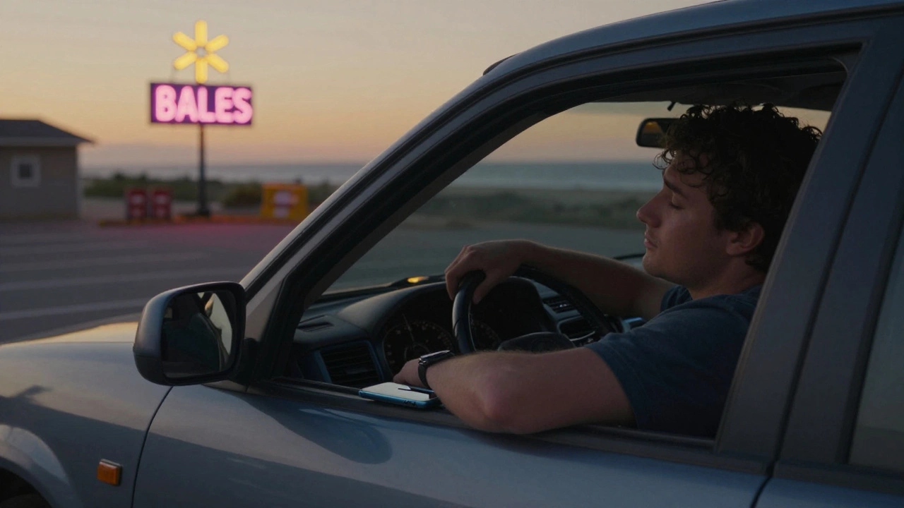 Traveler sleeping in a car at a Walmart parking lot with ocean horizon visible, peaceful and legal overnight stop.