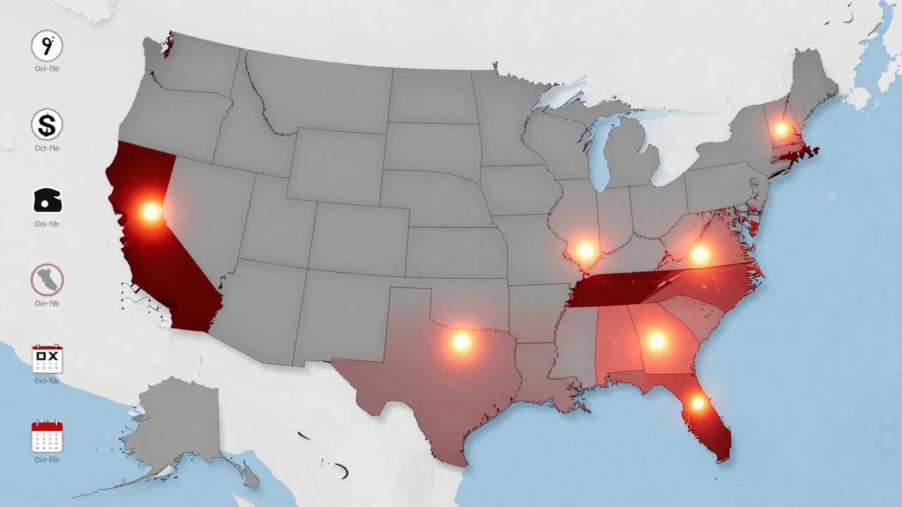 US map highlighting cheapest states to buy RVs in glowing tones, with dark shadows over expensive states.