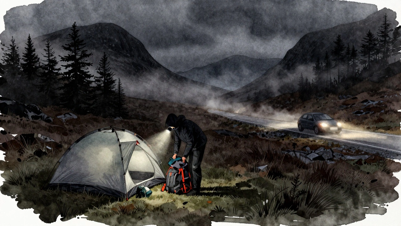 A camper packing up a tent at night by a remote Scottish road, silhouetted under a headlamp, with mist and pine trees in the background.