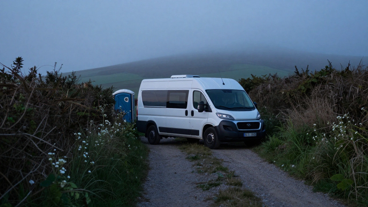 A campervan parked discreetly on a rural track at twilight, surrounded by nature.