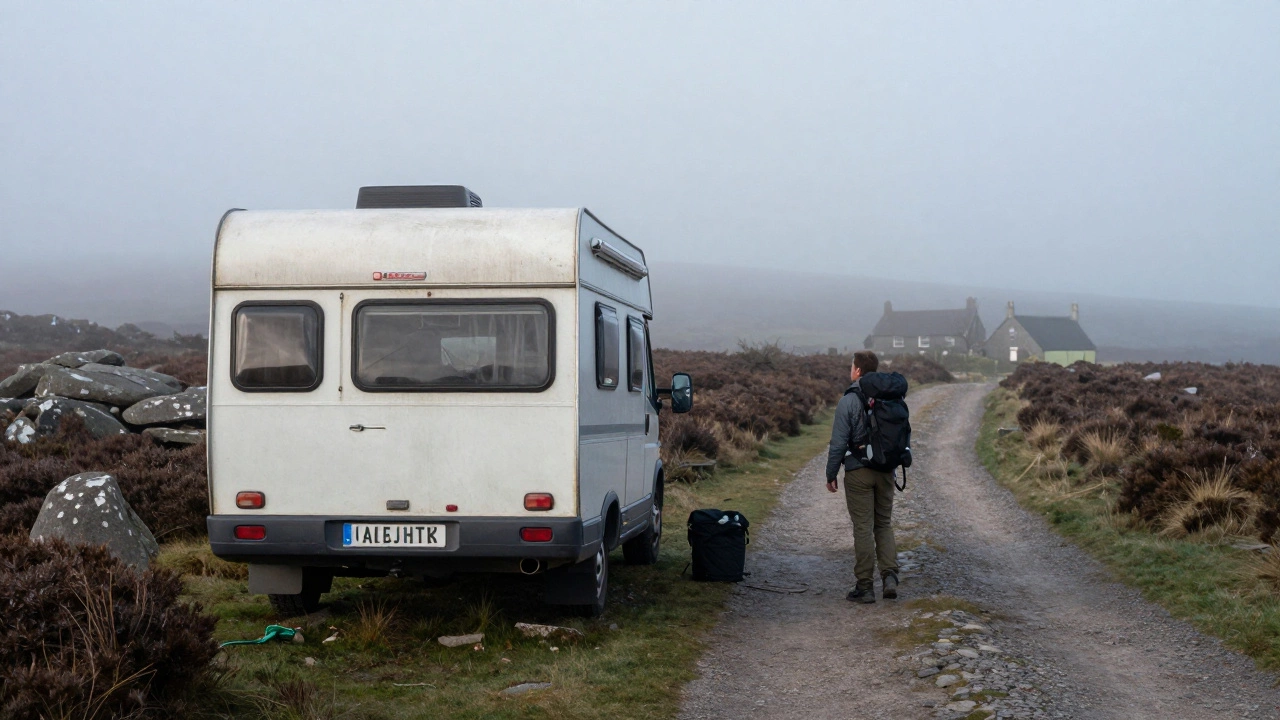 A motorhome parked respectfully on Dartmoor moorland at dawn, with mist and heather surrounding it.