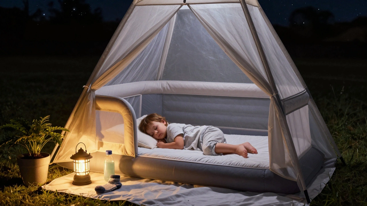 A portable toddler bed in a tent is surrounded by a mesh canopy, with a warm lantern and wool socks nearby.