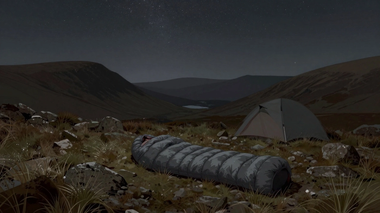 A quiet high-altitude campsite in the Lake District under a starry sky, no trails visible.
