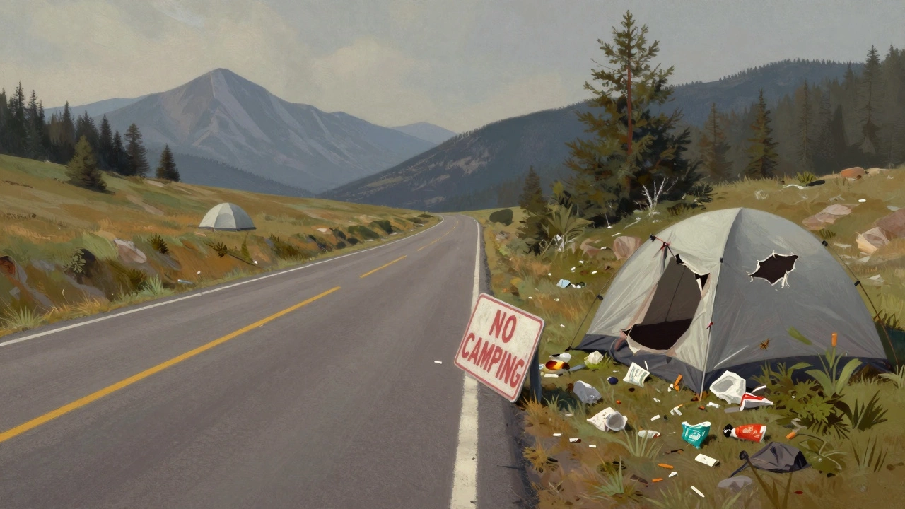 A split image showing pristine nature on one side and littered waste on the other, with a faded 'NO CAMPING' sign in the center.