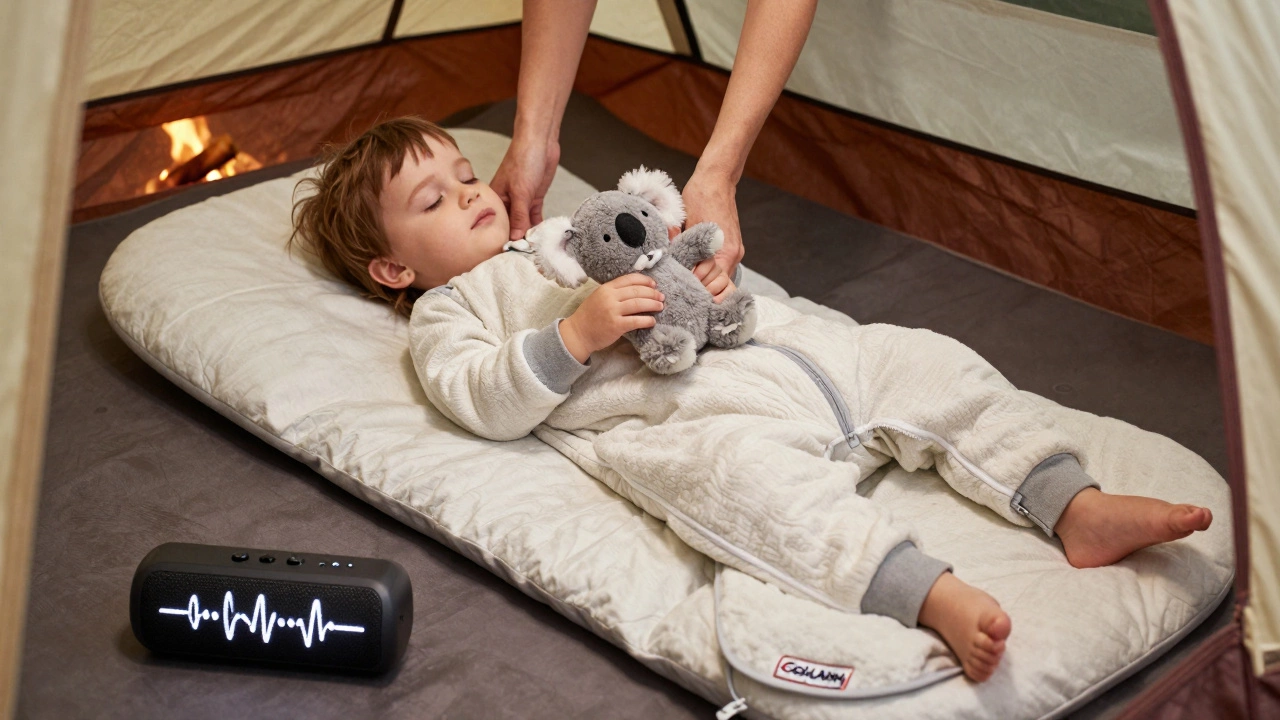 A toddler dressed in layers sleeps on a foam pad in a tent, hugging a stuffed koala under soft lantern light.