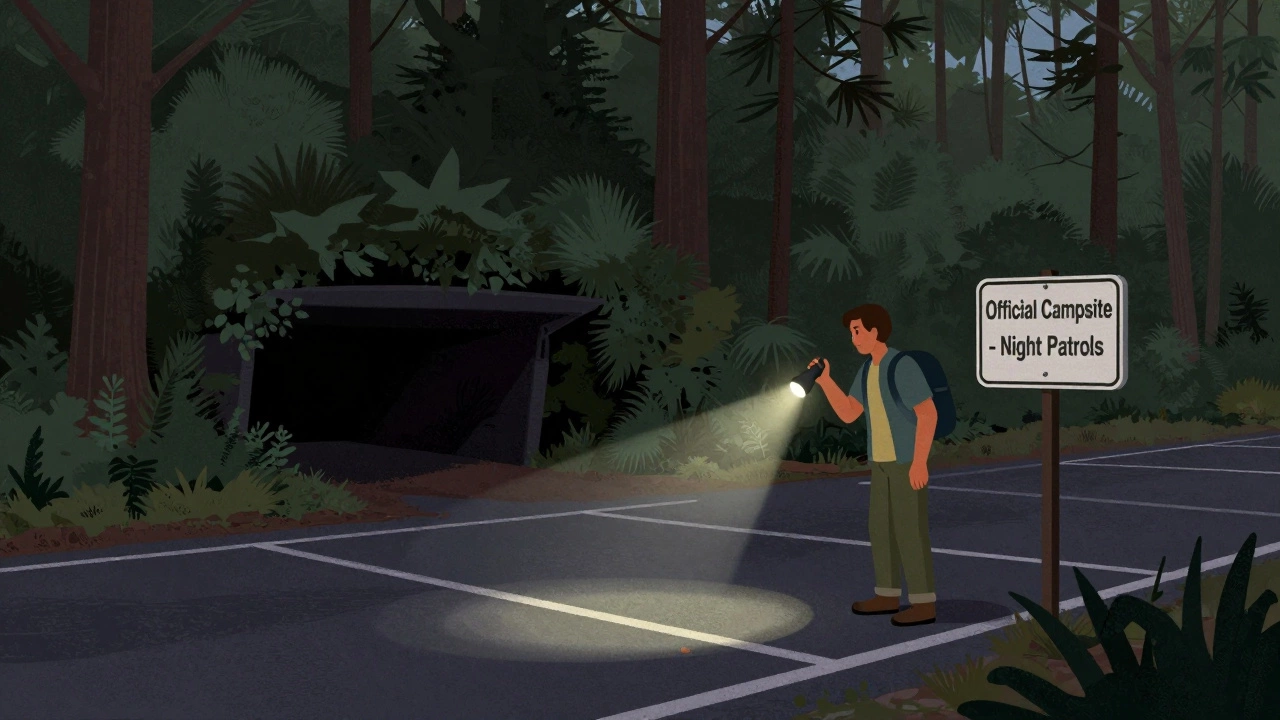 Camper examining an official campsite sign while avoiding a dark, hidden roadside parking spot.