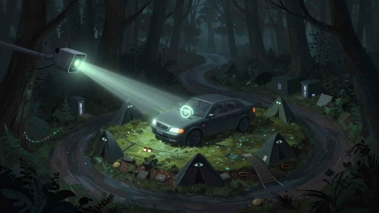 Car protected by glowing security features surrounded by tent silhouettes, against a backdrop of dangerous hidden areas.