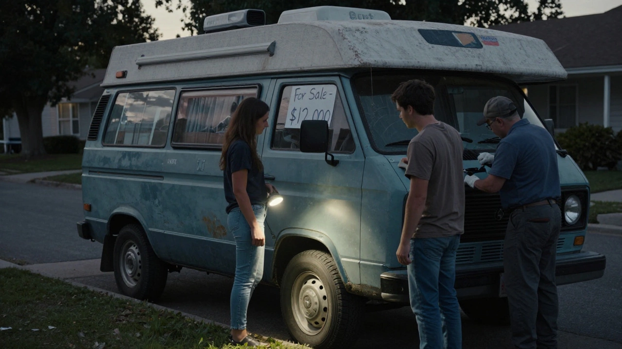 Couple inspecting a vintage camper van with a mechanic nearby