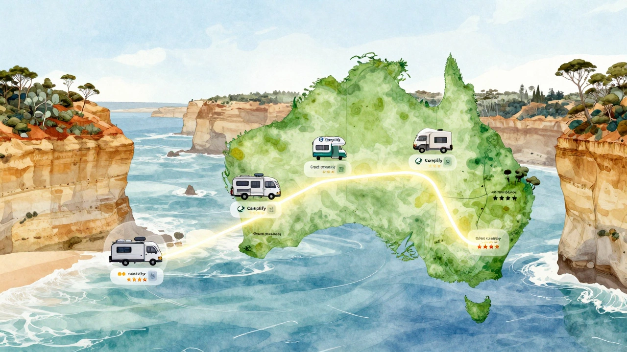 Digital map of Australia showing RV rental locations with icons and reviews