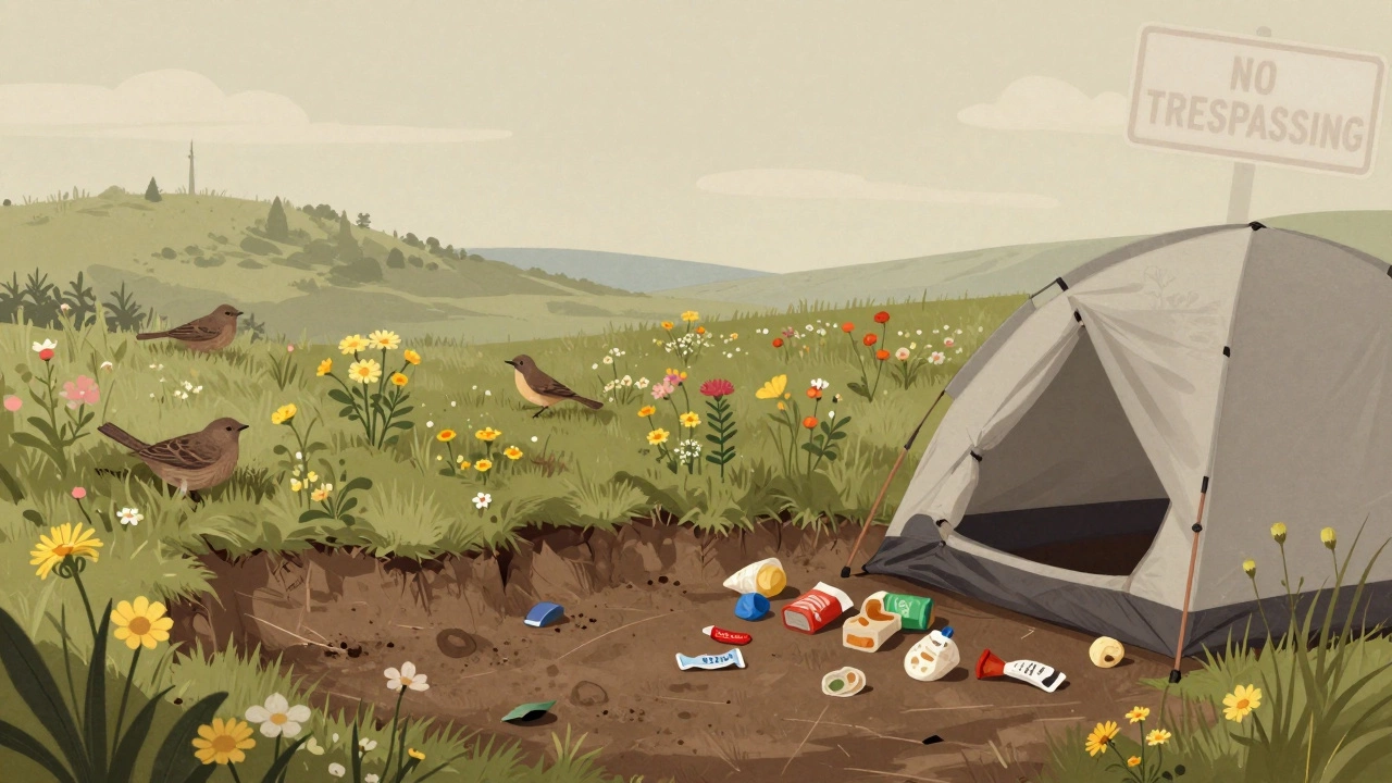 Fragile wildflowers and soil damaged by hidden tent and trash, with fading no trespassing sign.