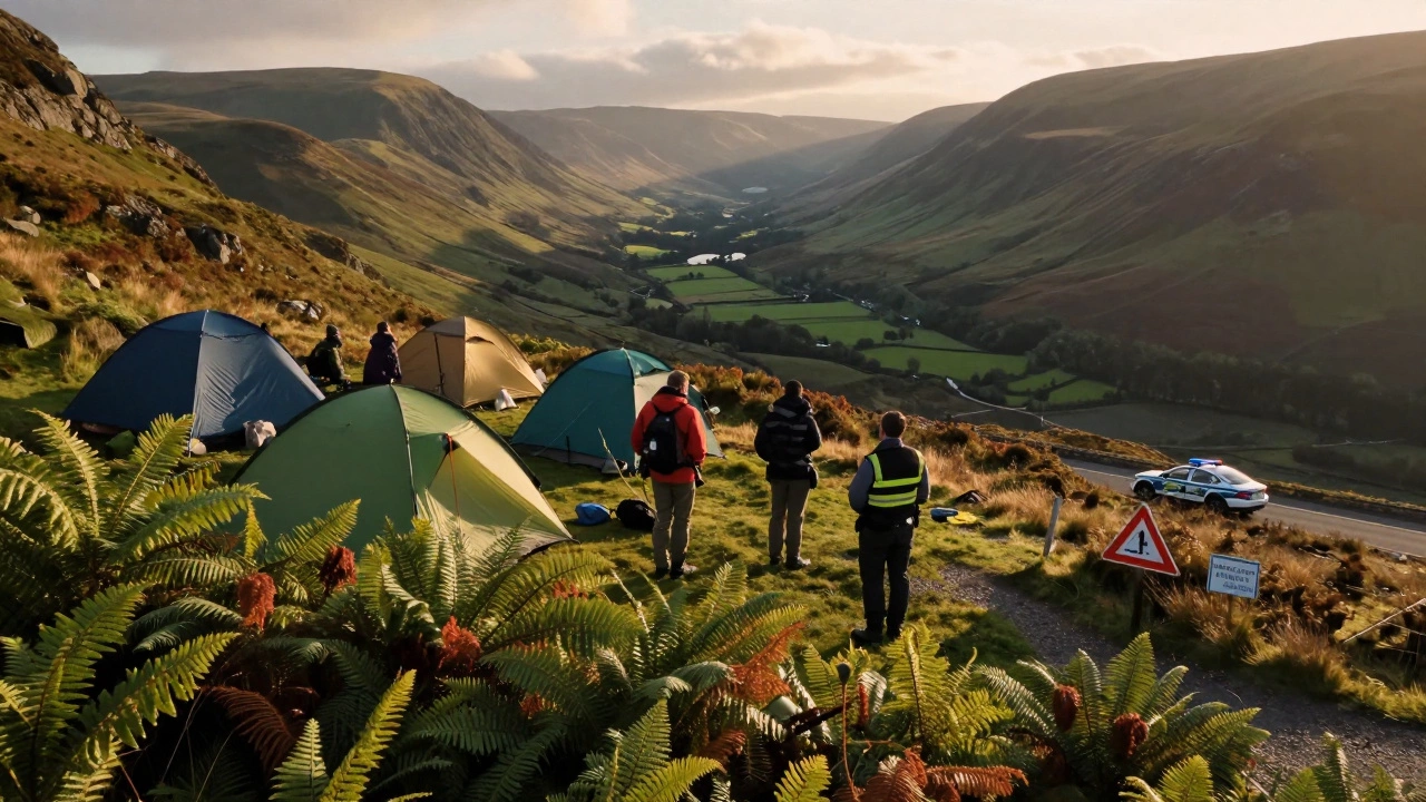 Ranger approaching campers on a hillside in the Lake District at dawn, police car in distance.