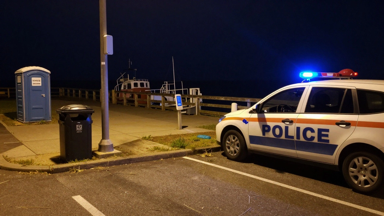 Vehicle parked in official overnight zone near pier with subtle lighting and distant facilities, safe and legal.