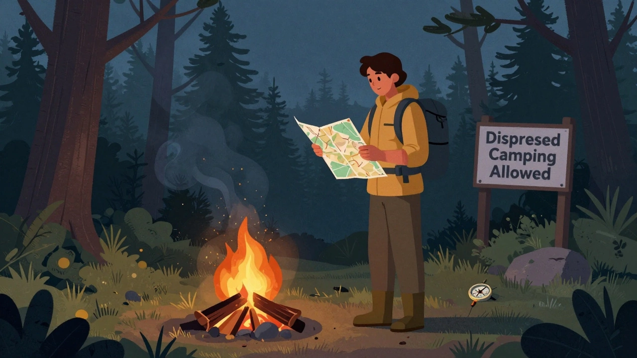 A camper using a map and compass near a 'Dispersed Camping Allowed' sign in a forest setting.