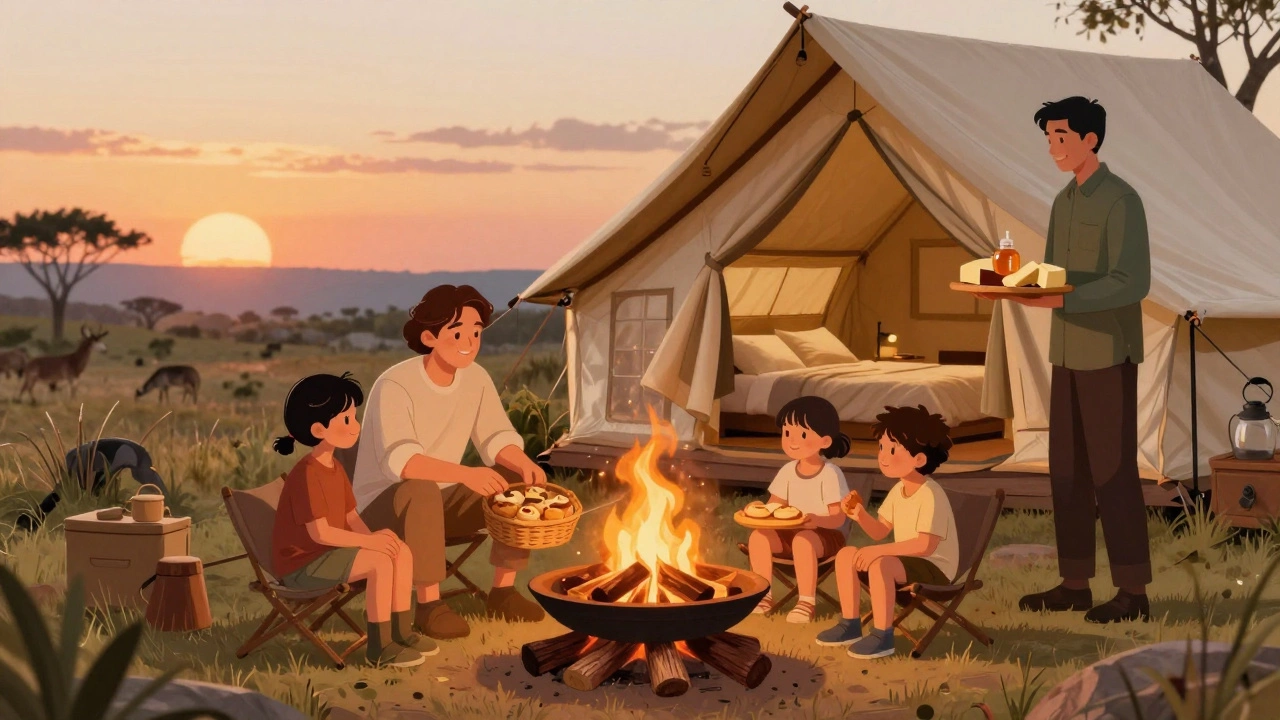 A family enjoys gourmet food by a firepit at a luxury glamping site, with a safari tent in the background.