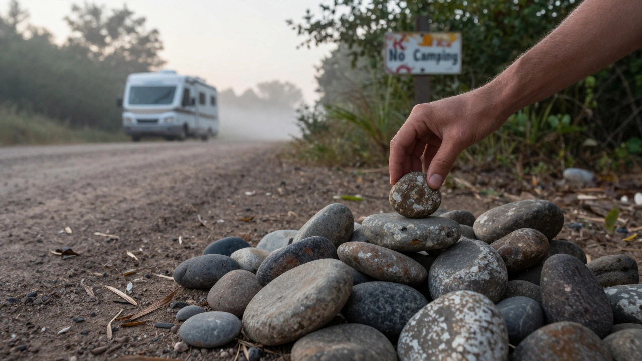 A hand placing a stone on a cairn near a hidden RV, with a faded 'No Camping' sign in the background.