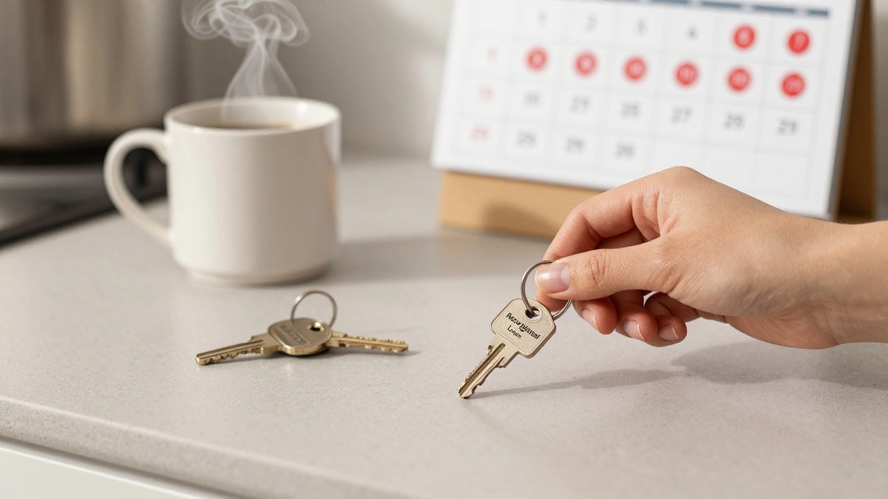 A hand placing RV and house keys side by side on a kitchen counter with monthly payment reminders.