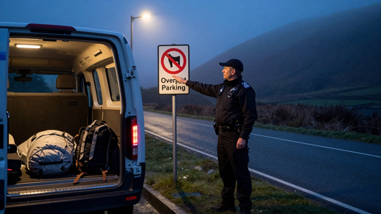 A police officer addressing a van parked illegally by a roadside in the Lake District.