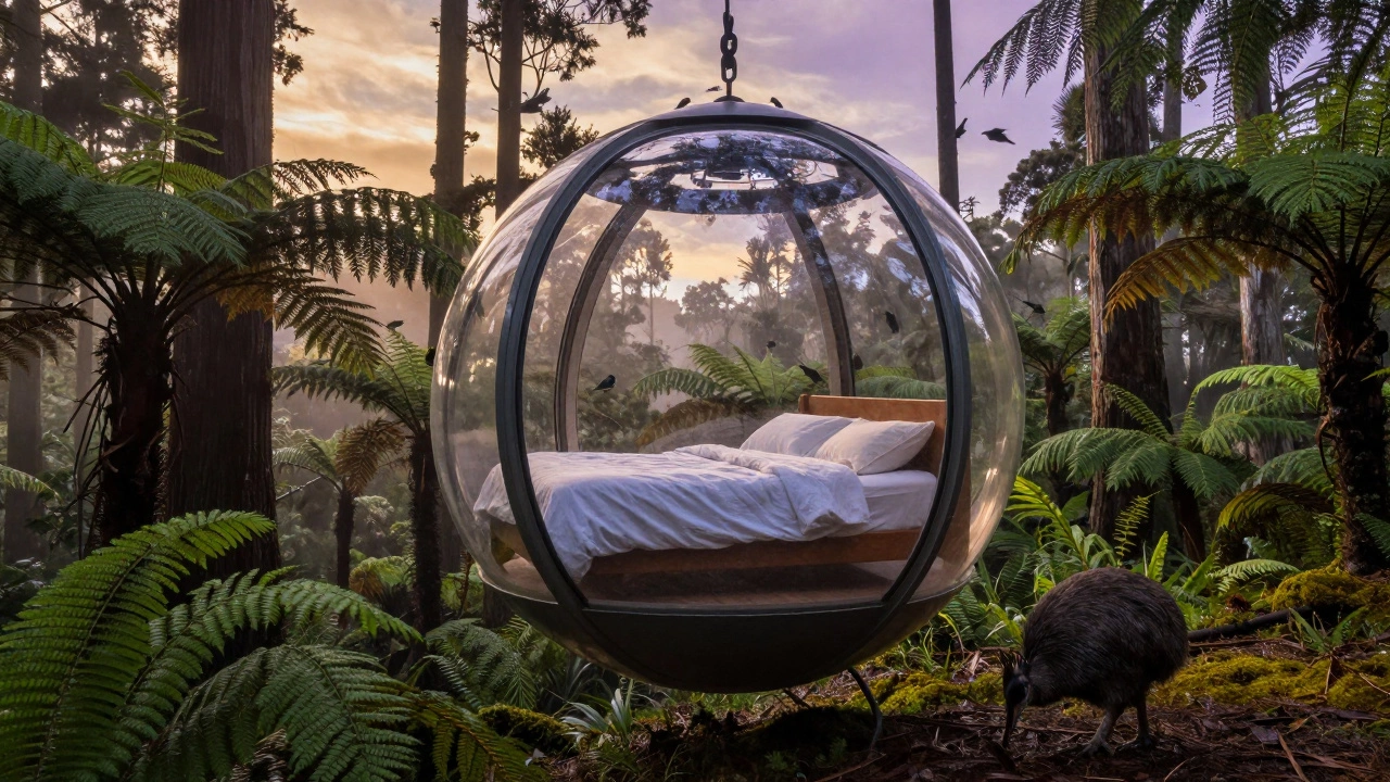 A transparent spherical pod suspended in a forest, with a kiwi bird outside and dawn light filtering through the trees.