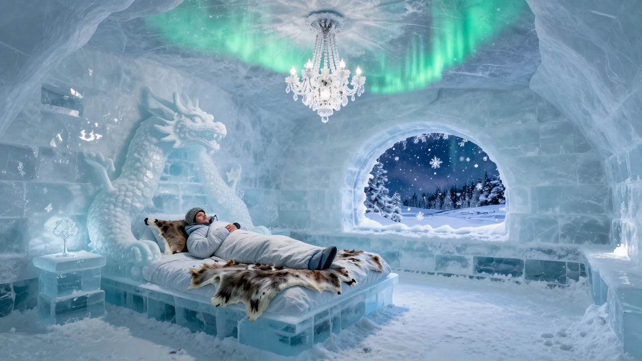 An ice suite with a dragon-shaped throne and aurora borealis lighting up the frozen ceiling at night.