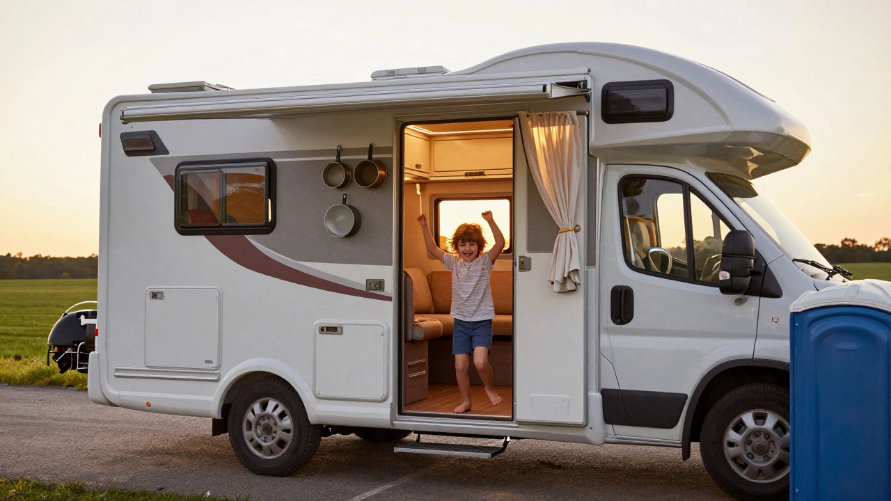 Child dancing freely inside a parked motorhome during golden hour sunset.