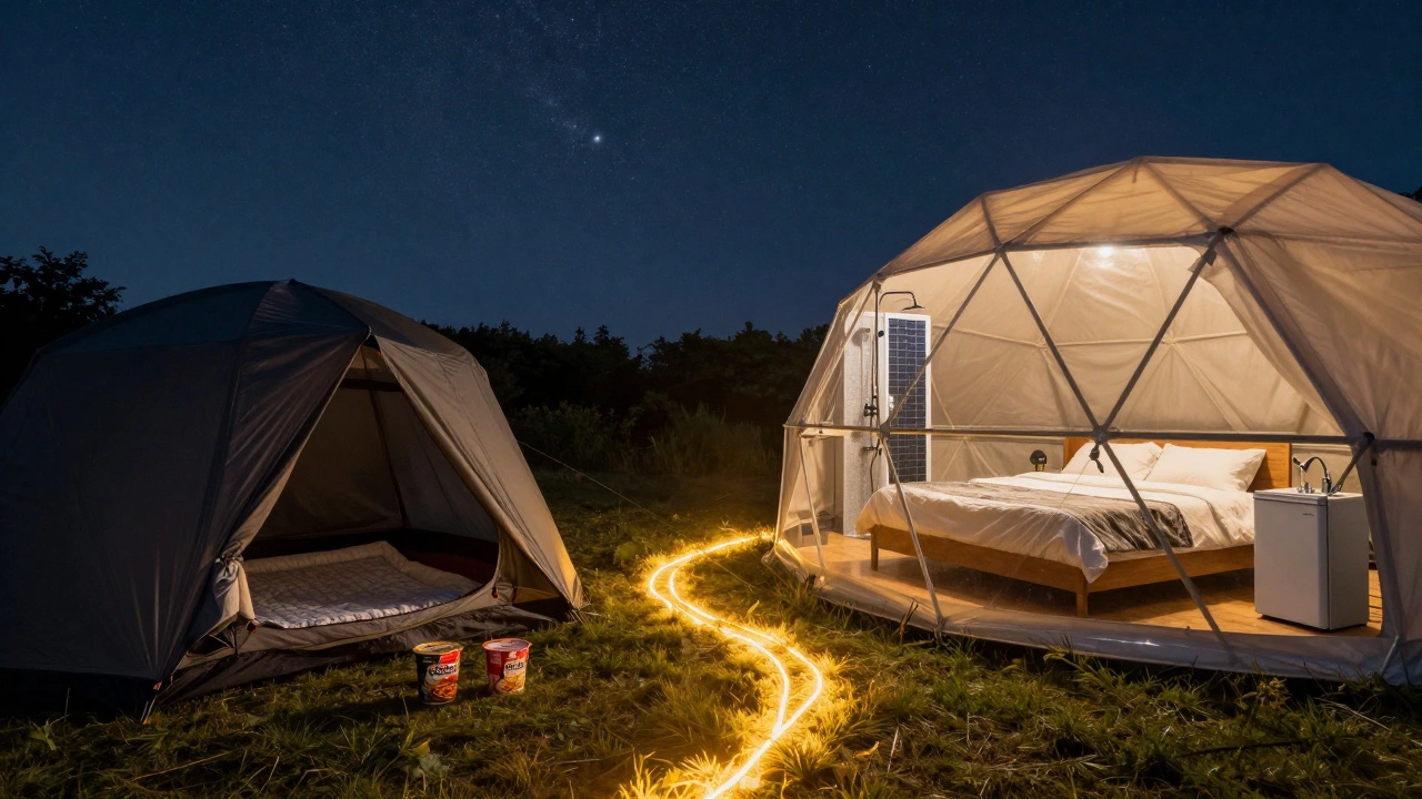 Contrast between rough traditional camping and upscale glamping, connected by a path of golden light under a starry sky.