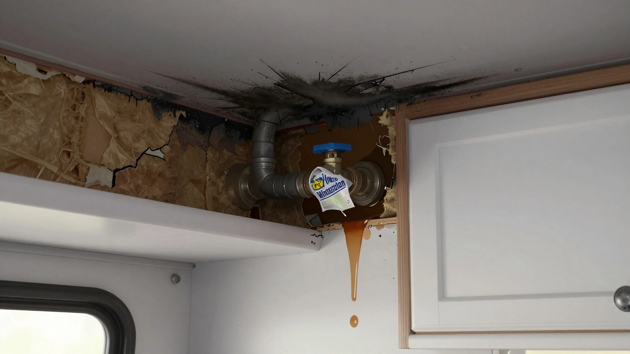 Cross-section of an RV showing leaking pipes and mold behind walls.