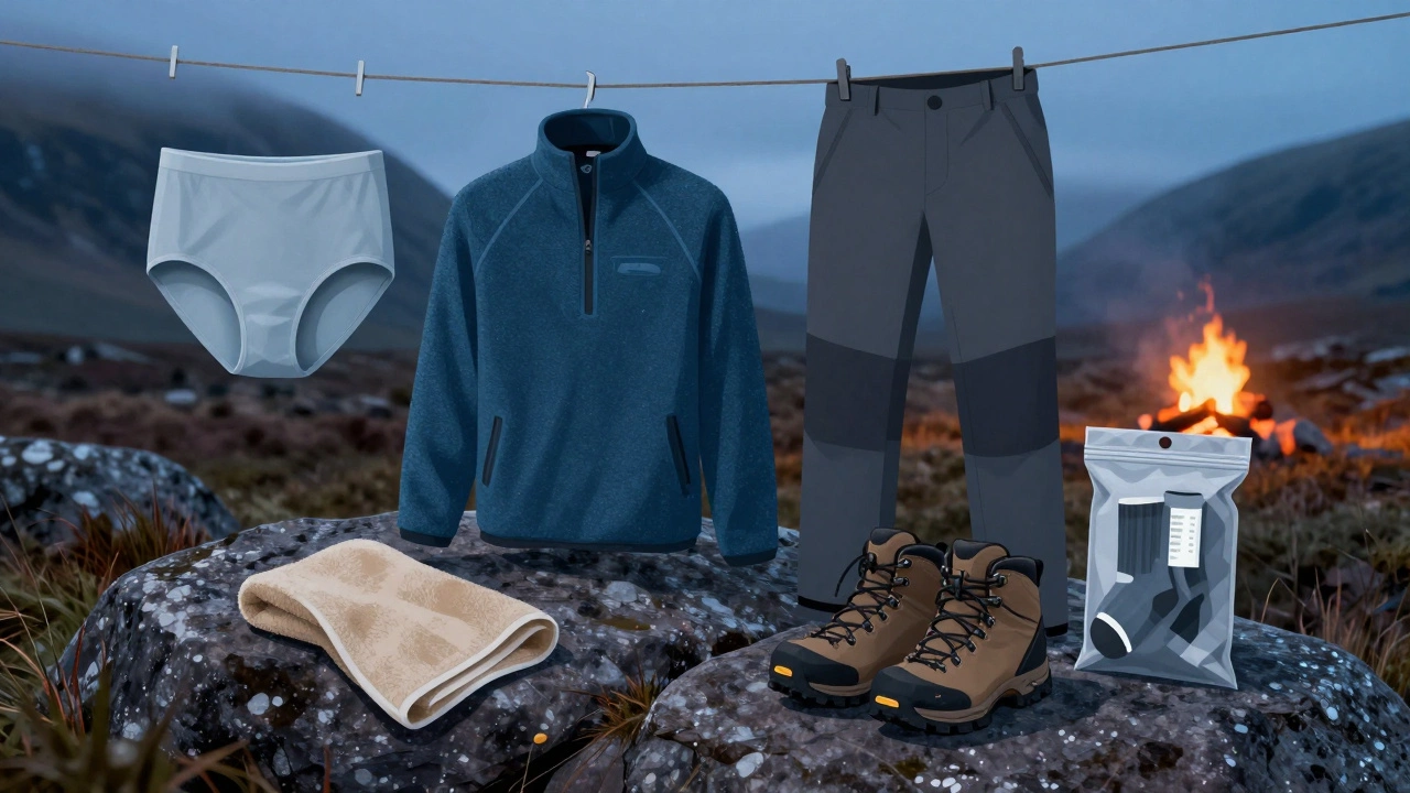 Drying camping layers and boots beside a foggy Highland campsite at twilight, dry bag and towel visible.